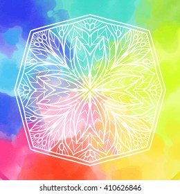 Mandala over colorful watercolor. Beautiful vintage round pattern. Hand drawn abstract background. Decorative isolated. Invitation, t-shirt print, wedding card. Tattoo element.