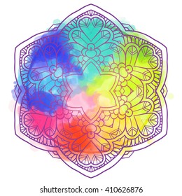 Mandala over colorful watercolor. Beautiful vintage round pattern. Hand drawn abstract background. Decorative isolated. Invitation, t-shirt print, wedding card. Tattoo element.