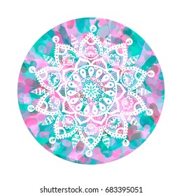 Mandala over colorful watercolor circle. Vector illustration. Ethnic print with abstract pattern. Isolated on white background. Pastel colors. 