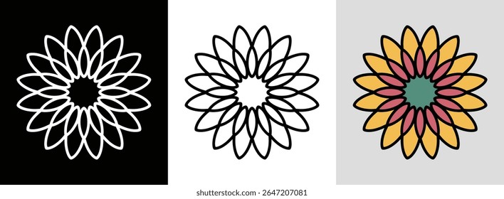 Mandala with overlapping daisy petals and dynamic bright fills for vibrant floral decor.