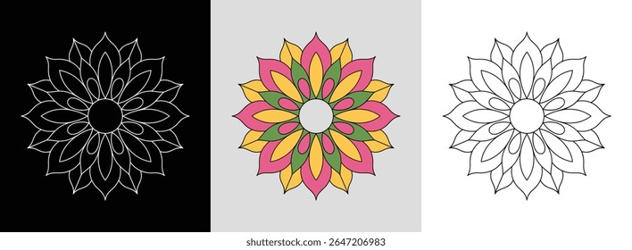 Mandala com pétalas de lótus sobrepostas e preenchimentos brilhantes dinâmicos para uma decoração floral serena.