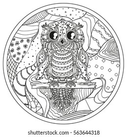 Mandala with owl. Design Zentangle. Hand drawn abstract patterns on isolation background. Design for spiritual relaxation for adults.  Black and white illustration for coloring. Zen art