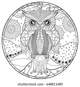 Mandala with owl. Design Zentangle. Hand drawn abstract patterns on isolation background. Design for spiritual relaxation for adults.  Black and white illustration for coloring. Zen art. Decorative