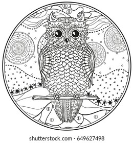 Mandala with owl. Design Zentangle. Hand drawn abstract patterns on isolation background. Design for spiritual relaxation for adults.  Black and white illustration for coloring. Zen art. Decorative