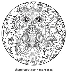 Mandala with owl. Design Zentangle. Hand drawn abstract patterns on isolation background. Design for spiritual relaxation for adults.  Black and white illustration for coloring. Zen art. Decorative