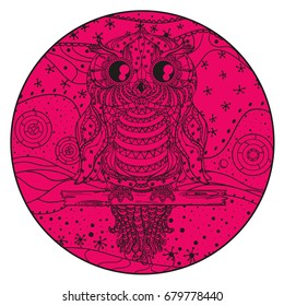 Mandala with owl. Design Zentangle. Hand drawn abstract patterns on isolation background. Design for spiritual relaxation for adults. Line art creation. Zen art. Decorative style