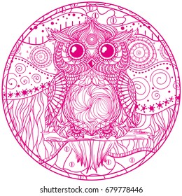 Mandala with owl. Design Zentangle. Hand drawn abstract patterns on isolation background. Design for spiritual relaxation for adults. Line art creation. Zen art. Decorative style