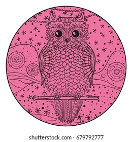 Mandala with owl. Design Zentangle. Hand drawn abstract patterns on isolation background. Design for spiritual relaxation for adults. Line art creation. Zen art. Decorative style