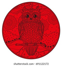 Mandala with owl. Design Zentangle. Hand drawn abstract patterns on isolation background. Design for spiritual relaxation for adults. Line art creation. Zen art. Decorative style