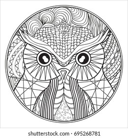 Mandala with owl. Design Zentangle. Hand drawn abstract patterns on isolation background. Design for spiritual relaxation for adults.  Black and white illustration for coloring. Zen art. Decorative