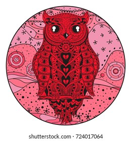 Mandala with owl. Design Zentangle. Hand drawn abstract patterns on isolation background. Design for spiritual relaxation for adults. Print for polygraphy, posters, t-shirts and textiles