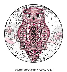 Mandala with owl. Design Zentangle. Hand drawn circle mandala with abstract patterns on isolation background. Design for spiritual relaxation for adults. Print for polygraphy, t-shirts and textiles