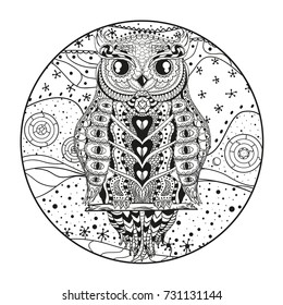 Mandala with owl. Design Zentangle. Hand drawn circle mandala with abstract patterns on isolation background. Design for spiritual relaxation for adults. Print for polygraphy, t-shirts and textiles