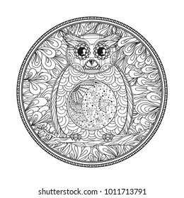 Mandala. Owl on the branch. Design Zentangle. Tattoo art. Abstract circle zendala. Print for t-shirts. Design for spiritual relaxation for adults. Zen art. Black and white illustration for coloring