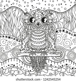 Mandala with owl on isolated white. Zentangle. Hand drawn abstract patterns on isolation background. Design for spiritual relaxation for adults. Black and white illustration for coloring