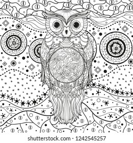Mandala with owl on isolated white. Zentangle. Hand drawn abstract patterns on isolation background. Design for spiritual relaxation for adults. Black and white illustration for coloring