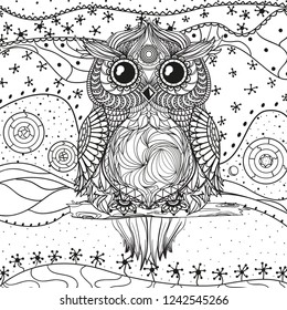 Mandala with owl on isolated white. Zentangle. Hand drawn abstract patterns on isolation background. Design for spiritual relaxation for adults. Black and white illustration for coloring