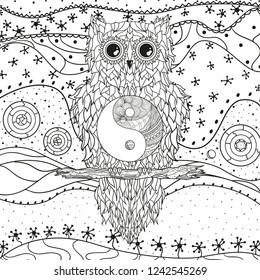 Mandala with owl on isolated white. Zentangle. Hand drawn abstract patterns on isolation background. Design for spiritual relaxation for adults. Black and white illustration for coloring