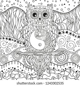 Mandala with owl on isolated white. Zentangle. Hand drawn abstract patterns on isolation background. Design for spiritual relaxation for adults. Black and white illustration for coloring