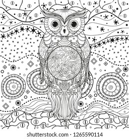 Mandala with owl on isolated white. Zentangle. Hand drawn abstract patterns on isolation background. Design for spiritual relaxation for adults. Black and white illustration for coloring