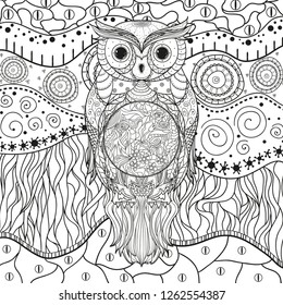 Mandala with owl on white. Zentangle. Hand drawn abstract patterns on isolation background. Design for spiritual relaxation for adults. Black and white illustration for coloring