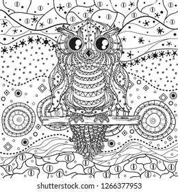 Mandala with owl on white. Zentangle. Hand drawn abstract patterns on isolation background. Design for spiritual relaxation for adults. Black and white illustration for coloring