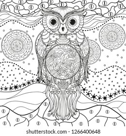 Mandala with owl on white. Zentangle. Hand drawn abstract patterns on isolation background. Design for spiritual relaxation for adults. Black and white illustration for coloring