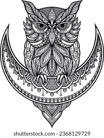 Mandala Owl. Tattoo, intricate design and decor element, for coloring book pages. Highly detailed and accurate lines for print or engraving