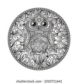 Mandala with owl. Zentangle. Hand drawn abstract patterns on isolation background. Design for spiritual relaxation for adults. Zendala. Outline for tattoo, printing on t-shirts, posters and other