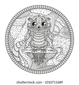 Mandala with owl. Zentangle. Hand drawn abstract patterns on isolation background. Design for spiritual relaxation for adults. Zendala. Outline for tattoo, printing on t-shirts, posters and other