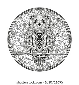 Mandala with owl. Zentangle. Hand drawn abstract patterns on isolation background. Design for spiritual relaxation for adults. Zendala. Outline for tattoo, printing on t-shirts, posters and other