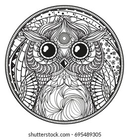 Mandala with owl. Zentangle. Hand drawn abstract patterns on isolation background. Design for spiritual relaxation for adults. Zendala. Black and white illustration for coloring. Zen art. Decorative