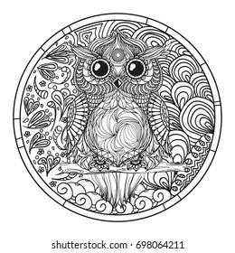 Mandala. Owl. Zentangle. Hand drawn circle zendala with abstract patterns on isolation background. Design for spiritual relaxation for adults. Line art. Black and white illustration for coloring.