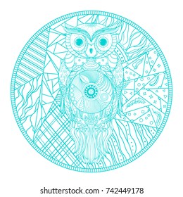 Mandala with owl. Zentangle. Hand drawn abstract patterns on isolation background. Design for spiritual relaxation for adults. Zendala. Outline for tattoo, printing on t-shirts, posters and other