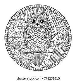 Mandala with owl. Zentangle. Hand drawn abstract patterns on isolation background. Design for spiritual relaxation for adults. Zendala. Outline for tattoo, printing on t-shirts, posters and other