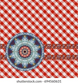 Mandala with paisley on checkered background. Seamless vector pattern. Ethnic motives.