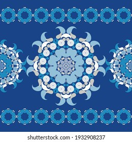 Mandala. Paisley ornament. Seamless background. Design with manual hatching. Ikat. Vector illustration for web design or print.