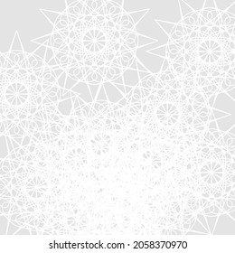 Mandala Pastel Mystery Complicated White Chaotic Luxury Soft Pattern. Satanic Monochrome Ice Ornamental Print Silver Folk Winter Background. Lace Frost Stars Grey Sharp Cold Calm Light Background.