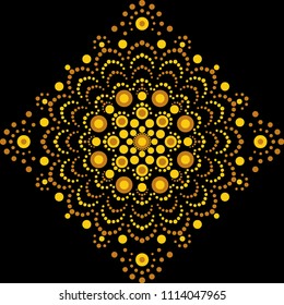 Mandala pattern. Aboriginal design in yellow, gold colors on black background. Floral sparkle dot by dot ornament. Folk dot art. Ethnic style painting. Vector geometric ornament