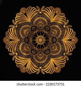 Mandala pattern for anti-stress coloring book, oriental or Indian tattoo design, Islamic mystic hand drawn ornament for meditation or yoga vector illustration. Black and gold.