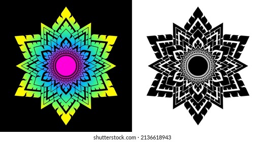 Mandala-Muster im angewandten thailändischen Kunststil. Geometrische Formen, Hexagramme und Kreise. Set von Farben in Weiß, Schwarz und Farbverlauf. Vektorgrafik.