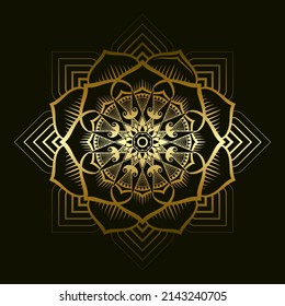 Mandala pattern applied in Thai art style with golden gradient. Dark black background. Vector illustration.