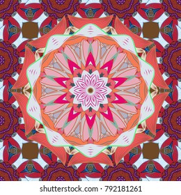 Mandala pattern. Arabic Vintage decorative ornament. Vector Mandala colored on pink, brown and neutral colors. East, Islam, Thai, Indian, ottoman motifs. Orient, symmetry lace, meditation symbol.