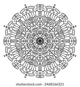 Mandala pattern with black doodle line on white background.