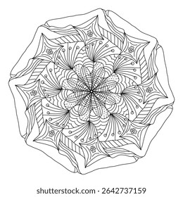Mandala pattern with black line and calm on white background.