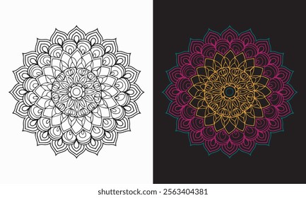 Mandala pattern black and white background. Vector illustration.Vector hand drawn doodle mandala. Ethnic mandala with colorful tribal ornament. Isolated. Bright colors and black colour.