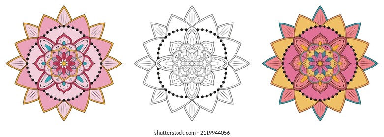 Patrón de Mandala en blanco y negro y estilos de color. Ornamento decorativo de estilo étnico. Concepto de arte oriental