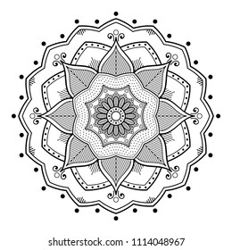 Mandala pattern black and white for coloring book. Vector Henna Tattoo style, Hand drawn background. Can be used for greeting card, phone case print.