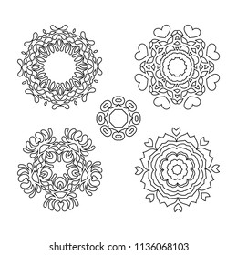 Mandala pattern black and white. Mandala black for coloring art. Arabic Indian Spain Chinese mystic vintage round mandala. Doodle ornamental  floral figures set