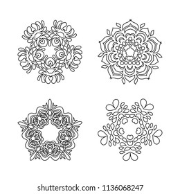 Mandala pattern black and white. Mandala black for coloring art. Arabic Indian Spain Chinese mystic vintage round mandala. Doodle ornamental  floral figures set